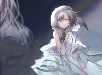 2girls animal_ears arknights bare_shoulders brown_hair colored_tips dark_background dress fumi_(rdbm) grey_eyes hierda_(arknights) highres hood hood_up hooded_dress multicolored_hair multiple_girls priestess_(arknights) rabbit_ears rabbit_girl solo_focus white_dress