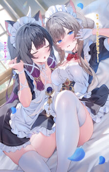 2girls absurdres alternate_costume animal_ear_fluff animal_ears apron black_dress black_hair blue_eyes blush bow bowtie breasts cat_ears cleavage closed_eyes colored_tips columbina_(genshin_impact) commentary_request day dress enmaided frilled_apron frilled_hairband frills genshin_impact gloves grey_hair hairband hand_up highres indoors kemonomimi_mode long_hair long_sidelocks looking_at_viewer maid maid_headdress medium_breasts multicolored_hair multiple_girls on_bed open_mouth parted_lips pekokota purple_hair red_bow red_bowtie sandrone_(genshin_impact) short_hair_with_long_locks sidelocks small_sweatdrop sweatdrop thighhighs translation_request very_long_hair waist_apron white_apron white_bow white_bowtie white_gloves white_hairband white_thighhighs yuri