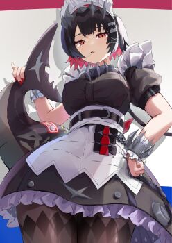 Rule 34 | 1girl, black dress, black hair, black pantyhose, breasts, candy, colored inner hair, commentary, cowboy shot, dress, ellen joe, fins, fish tail, food, frilled wristband, grey background, hairband, hand on own hip, highres, holding own tail, large breasts, lollipop, lollipop in mouth, looking at viewer, maid headdress, metal hairband, mole, mole under eye, multicolored hair, pantyhose, razor blade hair ornament, red eyes, red hair, red nails, scar, scar on tail, shark girl, shark tail, short hair, solo, spiked headband, tail, teritama (teritama house), two-tone hair, zenless zone zero