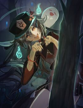 1girl artist_name bead_bracelet beads black_hat black_jacket black_nails black_shorts blue_fire boo_tao_(genshin_impact) bracelet branch brown_hair chinese_clothes collared_jacket cowboy_shot fingernails fire flower flower-shaped_pupils forest genshin_impact ghost grass hair_between_eyes hands_up hat hat_flower hat_ornament hat_tassel highres hu_tao_(genshin_impact) jacket jewelry long_hair long_sleeves looking_at_viewer multicolored_jacket multiple_rings nail_polish nature night open_mouth orange_pupils outdoors purple_sky red_eyes red_flower red_jacket red_shirt ring s_179000 shirt short_shorts shorts sky smile solo standing symbol-shaped_pupils tassel teeth tongue tongue_out tree twintails two-tone_jacket wavy_hair wide_sleeves