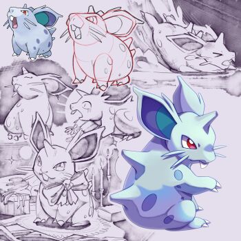 >_< blue_skin buck_teeth candle claws closed_eyes colored_skin commentary_request flower gen_1_pokemon gift highres horns large_ears nidoran nidoran_(female) nintendo no_humans open_mouth pokemon pokemon_(creature) pokemon_rgby red_eyes ribbon shoupitsuki single_horn sketch spines teeth