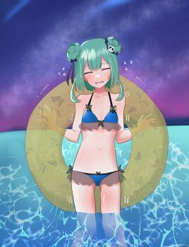 absurdres bikini blue_bikini bow commentary_request double_bun green_hair hair_bow hair_bun hair_ornament hair_ribbon highres hololive kuronagirai milky_way night ocean ribbon star_(sky) swimsuit tears uruha_rushia