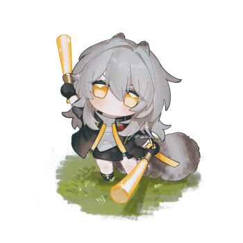 1girl absurdres animal_ears black_gloves black_jacket black_shoes black_skirt chibi commentary_request frown gloves glowstick grass grey_hair hair_between_eyes highres holding holding_glowstick honkai:_star_rail honkai_(series) ieririr jacket light_blush long_hair long_sleeves looking_at_viewer no_mouth penlight_(glowstick) raccoon_ears shirt shoes signature simple_background skirt solo sparkle standing stelle_(honkai:_star_rail) trailblazer_(honkai:_star_rail) twitter_username white_background white_shirt yellow_eyes