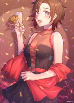 1girl alcohol artist_name belt black_dress black_hair breasts champagne champagne_flute cleavage commentary cup dress drinking_glass english_commentary flower gradient_hair graffiti highres kio_rojine light medium_breasts multicolored_hair open_mouth red_hair red_shawl rose ruby_rose rwby see-through_clothes see-through_cleavage shawl short_hair sleeveless sleeveless_dress solo spotlight