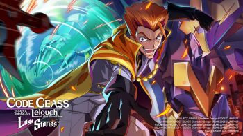 1boy arm_up backlighting black_gloves black_shirt cape clenched_hand code_geass code_geass:_lost_stories commentary commentary_request constricted_pupils cowboy_shot english_commentary eye_trail f4samurai forehead foreshortening furrowed_brow game_cg gloves happy high_collar highres jacket knights_of_the_round_uniform leaning_forward light_trail long_sleeves looking_at_viewer luciano_bradley male_focus mecha military_uniform multicolored_hair night official_art open_mouth orange_cape orange_hair outdoors outstretched_arm pants percival_(code_geass) red_eyes red_hair robot shirt short_hair sidelocks smile solo sparks standing teeth two-sided_cape two-sided_fabric two-tone_hair v-shaped_eyebrows white_jacket white_pants wide-eyed yellow_eyes