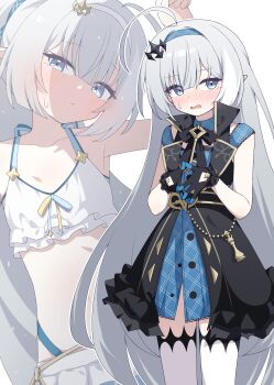 1girl absurdres ahoge bikini bikini_skirt black_dress black_gloves black_ribbon blue_dress blue_eyes blue_hairband blue_ribbon blush chess_piece coat_dress collarbone commentary dress extra_pupils female_tyrant_(stella_sora) female_tyrant_(swimsuit)_(stella_sora) flat_chest frilled_bikini frilled_dress frilled_gloves frills gloves grey_hair hagoonha hair_ornament hair_ribbon hairband highres huge_ahoge jewelry key key_necklace layered_dress looking_at_viewer multiple_views neck_ribbon necklace official_alternate_costume own_hands_together pointy_ears ribbon sleeveless sleeveless_dress stella_sora swimsuit thighhighs tyrant_(stella_sora) white_bikini white_hairband white_thighhighs zoom_layer