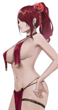 1girl alternate_costume bare_shoulders breast_curtains breasts chinese_clothes cleft_of_venus closed_mouth earrings female_focus flower from_side hair_flower hair_ornament hair_over_one_eye hand_on_own_hip harem_outfit j@ck jewelry kirijou_mitsuru large_breasts long_hair looking_ahead midriff navel pelvic_curtain persona persona_3 ponytail red_eyes red_hair red_loincloth revealing_clothes simple_background solo tassel thigh_strap white_background