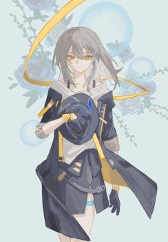 1girl akaguchi_35 black_gloves black_hat black_jacket black_skirt blue_background blue_flower blue_rose bubble closed_mouth collarbone cowboy_shot floating_clothes floral_background flower gloves grey_hair hair_between_eyes hand_up hat holding holding_unworn_clothes holding_unworn_hat honkai:_star_rail honkai_(series) jacket leaf long_hair long_sleeves looking_at_viewer miniskirt open_clothes open_jacket rose shirt sidelocks skirt solo standing stelle_(honkai:_star_rail) t-shirt thigh_strap trailblazer&#039;s_hat_(honkai:_star_rail) trailblazer_(honkai:_star_rail) two-sided_fabric two-sided_jacket unworn_hat unworn_headwear white_shirt yellow_eyes yellow_jacket