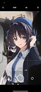 1girl absurdres adjusting_hair alternate_costume black_cardigan black_hair blue_hat blue_necktie body_markings cardigan chinese_commentary collared_shirt commentary_request earrings facial_mark fake_phone_screenshot fake_screenshot feather_hair forehead_mark grey_eyes hair_intakes hat highres jewelry kohane_kun long_hair looking_at_viewer looking_to_the_side mole mole_under_eye necktie open_cardigan open_clothes open_mouth outdoors parted_bangs school_uniform shirt single_earring smile solo_focus tacet_mark_(wuthering_waves) upper_body user_interface white_shirt wuthering_waves yangyang_(wuthering_waves)