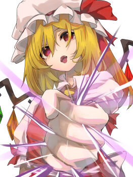 Rule 34 | 1girl, absurdres, amateru, ascot, blonde hair, clenched hand, collared shirt, commentary, crystal wings, fangs, flandre scarlet, hair between eyes, hand focus, hat, highres, long hair, looking at viewer, mob cap, open mouth, red eyes, red vest, shirt, short sleeves, side ponytail, solo, teeth, touhou, vampire, vest, white background, white shirt, wings, yellow ascot