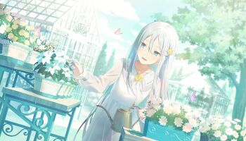 Rule 34 | 1girl, blue sky, blue theme, bug, butterfly, collarbone, collared dress, colorful palette, daisy (flower), day, dress, dutch angle, flower, flower pot, flower request, frilled sleeves, frills, game cg, greenhouse, hair flower, hair ornament, hands up, highres, holding, holding watering can, insect, long hair, looking at flowers, official alternate costume, official alternate hair ornament, official art, orange butterfly, outdoors, pink butterfly, pink flower, plant, potted plant, project sekai, purple butterfly, purple flower, ribbon-trimmed collar, ribbon trim, rose, round collar, see-through clothes, see-through sleeves, sky, solo, table, third-party source, tree, very long hair, watering can, white dress, white flower, white hair, white rose, white theme, yellow flower, yoisaki kanade