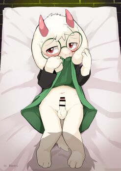 1boy animal_ears bar_censor barefoot blush bottomless censored clothes_in_mouth clothes_lift deltarune erection furry furry_male glasses goat_boy goat_ears goat_horns goat_tail horns looking_at_viewer lying male_focus manmosu_marimo mouth_hold navel no_shoes no_socks on_back penis ralsei shadow shirt_in_mouth shirt_lift shota solo sweatdrop tail testicles utdr_(toby_fox) white_fur