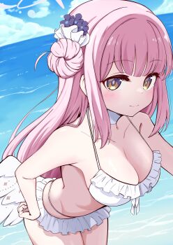 Rule 34 | 1girl, absurdres, angel wings, beach, bikini, blue archive, blue sky, blush, bow, bow bikini, breasts, choker, cleavage, closed mouth, cloud, collarbone, commentary, cowboy shot, day, eyelashes, feathered wings, floating hair, frilled bikini, frills, glint, grin, hair bun, hair intakes, halo, halterneck, happy, highres, large breasts, leaning forward, long hair, looking at viewer, low wings, mika (blue archive), mika (swimsuit) (blue archive), navel, official alternate costume, outdoors, pink hair, pink halo, sidelocks, single side bun, sky, smile, solo, stomach, swimsuit, thighs, tohs50, very long hair, water, water drop, wet, white bikini, white bow, white choker, white wings, wings, yellow eyes