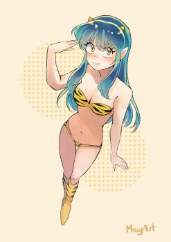 Rule 34 | 1girl, animal print, aqua hair, artist name, bikini, boots, breasts, cleavage, commentary, cone horns, full body, highres, horns, knee boots, long hair, looking at viewer, lum, mosyart, navel, pointy ears, print bikini, print boots, sidelocks, solo, swimsuit, tiger print, urusei yatsura, yellow background, yellow eyes