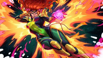 Rule 34 | 1girl, black bodysuit, bodysuit, boots, breasts, commentary, covered navel, english commentary, fiery wings, floating hair, freckles, gloves, green background, green bodysuit, green eyes, highres, imminent attack, jean grey, knee pads, long hair, marvel, marvel rivals, medium breasts, multicolored bodysuit, pepedraws, phoenix (x-men), pink pupils, red hair, solo, superhero costume, wings, x-men, yellow boots, yellow gloves