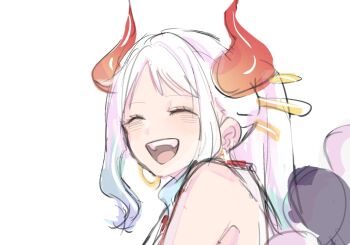 1girl ^_^ aqua_hair blush closed_eyes curled_horns earrings highres hoop_earrings horns jewelry n_i_c0 one_piece open_mouth ponytail rope shimenawa simple_background solo white_background white_hair yamato_(one_piece)