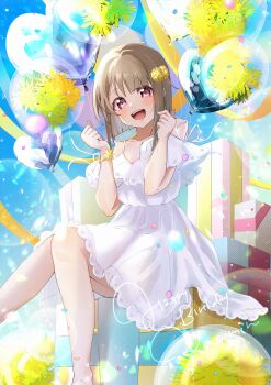 1girl :d absurdres balloon blue_sky blush bob_cut box breasts brown_hair character_name cleavage clenched_hands commentary_request dress feet_out_of_frame flower gift hair_flower hair_ornament happy_birthday heart_balloon highres holding holding_balloon love_live! love_live!_nijigasaki_high_school_idol_club medium_dress nakasu_kasumi nyako_(utaneko31) off-shoulder_dress off_shoulder on_box open_mouth pink_eyes short_hair sitting sky small_breasts smile solo teeth upper_teeth_only white_dress yellow_flower