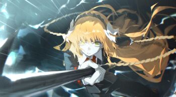 1girl black_jacket black_pants bow green_eyes hair_bow holding holding_harpoon holding_rope ishmael_(project_moon) jacket kyoro_ina limbus_company long_hair ocean orange_hair pants parted_lips project_moon rain rope sidelocks solo very_long_hair white_bow wide-eyed