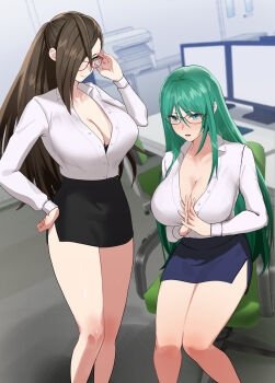 2girls bare_legs breasts brown_hair cleavage commission contemporary fire_emblem fire_emblem:_path_of_radiance fire_emblem:_radiant_dawn fire_emblem_fates glasses green_eyes green_hair hand_on_own_hip highres indoors interlocked_fingers kagero_(fire_emblem) large_breasts long_hair looking_at_viewer miniskirt multiple_girls nephenee_(fire_emblem) nintendo office_lady own_hands_together oyatsu_0 partially_unbuttoned pencil_skirt ponytail sitting skeb_commission skirt smile standing thick_thighs thighs very_long_hair