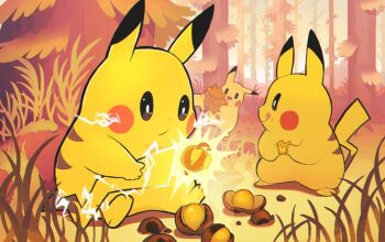 chestnut commentary_request cooking creature electricity food food_on_face forest gashi-gashi gen_1_pokemon grass holding holding_food nature nintendo no_humans open_mouth outdoors pikachu pine_tree pokemon pokemon_(creature) sitting smile tongue tongue_out tree