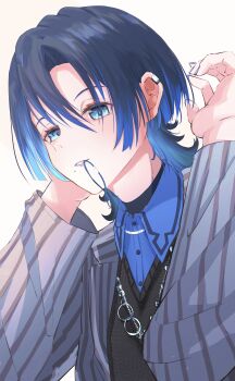 Rule 34 | 1girl, absurdres, black sweater, blue eyes, blue hair, blue nails, blue shirt, collared shirt, grey jacket, highres, hiodoshi ao, hiodoshi ao (1st costume), hololive, hololive dev is, jacket, jewelry, looking at viewer, maijima yuzu, medium hair, necklace, pinstripe jacket, pinstripe pattern, shirt, simple background, solo, suit jacket, sweater, v-neck, virtual youtuber, white background
