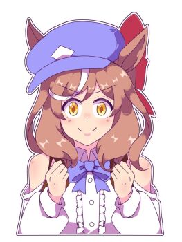 Rule 34 | 1girl, animal ears, blue hat, blush, bow, breasts, brown hair, ear covers, ear ornament, ears through headwear, ei ei mun!, hair ornament, hat, highres, horse ears, horse girl, looking at viewer, matikanetannhauser (panpaka tiltott) (umamusume), matikanetannhauser (umamusume), medium breasts, medium hair, multicolored hair, neferkitty, newsboy cap, smile, solo, streaked hair, tilted headwear, umamusume, yellow eyes