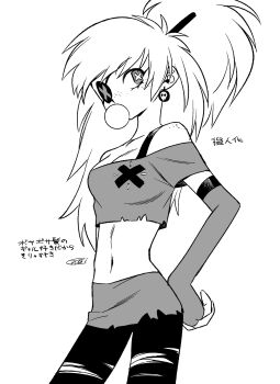 1girl absurdres arm_at_side bare_shoulders blowing_bubble_gum body_freckles bra_strap breasts bright_pupils bubble cherri_bomb chewing_gum cleavage commentary_request cowboy_shot crop_top cropped_shirt earrings elbow_gloves eyepatch fewer_digits fingerless_gloves freckles from_below gloves greyscale hand_on_own_hip hatching_(texture) hazbin_hotel hellaverse high_ponytail highres jewelry long_hair looking_at_viewer menma_(enaic31) messy_hair microskirt midriff monochrome navel off-shoulder_shirt off_shoulder one_eye_covered pants ponytail shirt short_sleeves shoulder_freckles sideways_glance signature simple_background skinny skirt skull_earrings small_breasts solo standing swept_bangs symbol-shaped_pupils torn_clothes torn_pants translation_request very_long_hair white_background x-shaped_pupils