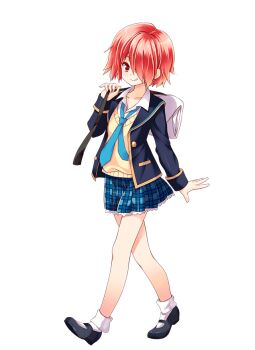 1girl ankle_socks black_shoes blue_necktie blue_skirt cardigan dougi full_body girlfriend_(kari) hair_over_one_eye jacket kumada_kazuha looking_at_viewer miniskirt necktie official_art plaid_clothes plaid_skirt pleated_skirt qp:flapper red_eyes red_hair school_uniform shirt shoes simple_background skirt socks solo thighs tongue tongue_out transparent_background white_shirt white_socks yellow_cardigan