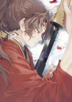 1boy brown_hair commentary_request earrings from_side highres japanese_clothes jewelry katana kimetsu_no_yaiba long_hair lying male_focus on_side petals ponytail red_eyes sal_gun snow solo sword translation_request tsugikuni_yoriichi weapon wide_sleeves