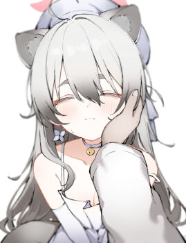 1boy 1girl ahoge animal_ears bare_shoulders bell blue_archive blurry_edges blush breasts choker cleavage closed_eyes closed_mouth commentary dress elbow_gloves facing_viewer gloves grey_hair hair_between_eyes halo hand_on_another's_cheek hand_on_another's_face hat jingle_bell long_hair michiru_(blue_archive) michiru_(dress)_(blue_archive) neck_bell official_alternate_costume pov pov_hands purple_hat raccoon_ears raccoon_girl red_eyes short_eyebrows small_breasts strap_slip white_choker white_dress white_gloves yuukun_mk-ii