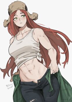 1girl abs absurdres dashi_(dashiart) flannel freckles fur_hat gravity_falls green_eyes hat highres long_hair looking_to_the_side muscular muscular_female navel open_fly pants red_hair shirt simple_background solo stomach tank_top tied_shirt torn_clothes torn_pants very_long_hair wendy_corduroy