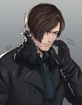 1boy apeo0r artist_name black_gloves black_jacket blue_eyes brown_hair commentary english_commentary gloves highres jacket leon_s._kennedy male_focus resident_evil resident_evil_requiem shirt signature solo