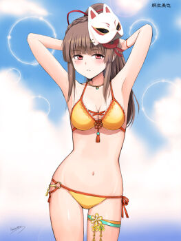 1girl armpits arms_behind_head bead_necklace beads bikini blue_sky blush braid breasts brown_hair cleavage commentary_request cowboy_shot crown_braid day eyelashes fox_mask halterneck heaven_burns_red jewelry kiryuu_miya lace lace-trimmed_bikini lace_trim large_breasts long_hair looking_at_viewer mask mask_on_head mole mole_under_eye navel necklace niwatori_kokezou o-ring o-ring_bikini o-ring_bottom official_alternate_costume orange_bikini outdoors parted_lips ponytail red_eyes side-tie_bikini_bottom sidelocks signature sky solo stomach swimsuit thigh_strap