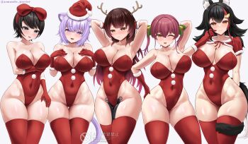 :d absurdres alternate_breast_size_(larger) alternate_costume animal_ear_fluff animal_ears aqua_eyes arm_up armanditto armpits arms_behind_head arms_up artist_name bare_shoulders black_hair blush bow breasts capelet cat_ears cat_girl cat_tail cleavage collarbone commentary covered_navel crossed_arms elbow_gloves english_commentary fake_animal_ears fang fur-trimmed_capelet fur-trimmed_gloves fur-trimmed_headwear fur_trim gloves green_ribbon hair_between_eyes hair_ornament hand_on_own_hip hands_on_own_chest hat highres hololive horns houshou_marine large_breasts leotard looking_at_viewer multicolored_hair navel nekomata_okayu one_eye_closed ookami_mio oozora_subaru open_mouth playboy_bunny pom_pom_(clothes) purple_eyes purple_hair red_bow red_capelet red_gloves red_hair red_leotard ribbon roboco-san robot_girl santa_hat simple_background skin_fang smile tail thick_thighs thighhighs thighs twintails virtual_youtuber wide_hips wolf_ears wolf_girl wolf_tail yellow_eyes