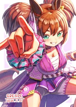 1girl animal_ears blush breasts brown_hair chest_sarashi cleavage commentary_request creape fox_mask fox_shadow_puppet green_eyes hair_between_eyes highres horse_ears horse_girl horse_tail inari_one_(inari_yukari_edomurasaki)_(umamusume) inari_one_(umamusume) japanese_clothes kimono kouhaku_nawa large_breasts long_hair looking_at_viewer mask mask_on_head open_mouth purple_kimono purple_shorts rope sarashi scrunchie shimenawa shorts smile solo tail twintails umamusume wrist_scrunchie