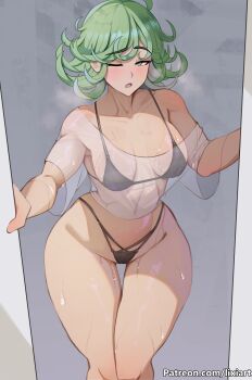 1girl absurdres bikini black_bikini breasts commentary cowboy_shot curly_hair english_commentary green_eyes green_hair highres lixiart medium_breasts one-punch_man one_eye_closed see-through_clothes see-through_shirt shirt single_bare_shoulder single_off_shoulder solo sweat swimsuit tatsumaki white_shirt