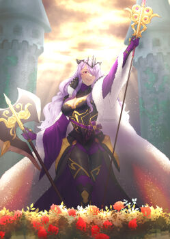 Rule 34 | 1girl, armor, axe, black armor, black tiara, breasts, camilla (fire emblem), camilla (light of nohr) (fire emblem), cape, castle, cleavage, commentary, crown, english commentary, fire emblem, fire emblem fates, fire emblem heroes, flamingo (eme324), flower, fur-trimmed cape, fur trim, gloves, hair over one eye, highres, holding, holding axe, holding polearm, holding weapon, large breasts, long hair, looking at viewer, nintendo, official alternate costume, open mouth, outdoors, polearm, purple eyes, purple hair, smile, solo, thick thighs, thighs, tiara, very long hair, wavy hair, weapon