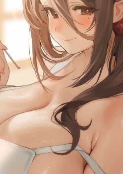 1girl blurry blurry_background blush bra breasts brown_eyes brown_hair cleavage closed_mouth commentary_request hair_between_eyes highres inushima large_breasts long_hair looking_at_viewer mimikaki mole mole_under_eye original sidelocks smile solo strap_slip underwear upper_body white_bra