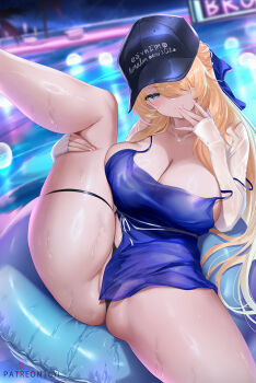 1girl bikini black_bikini black_hat blonde_hair blue_eyes blush breasts brown_dust_(series) brown_dust_2 cleavage closed_mouth cyicheng hair_over_one_eye hand_up hat jewelry large_breasts long_hair long_sleeves looking_at_viewer necklace night official_alternate_costume one_eye_covered outdoors patreon_username pool smile solo swimsuit thigh_strap thighs water wilhelmina_(brown_dust) wilhelmina_(water_park_queen)_(brown_dust)
