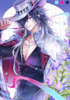 1boy absurdres ashveil_(honkai:_star_rail) astercatto black_hair black_shirt commentary earrings fedora gloves gradient_hair grid_background hair_over_one_eye hat hat_ornament highres honkai:_star_rail honkai_(series) jacket jacket_on_shoulders jewelry long_hair looking_at_viewer male_focus multicolored_hair necklace pectoral_cleavage pectorals purple_eyes shirt single_glove solo tooth_necklace untranslatable_commentary white_gloves white_hair white_hat white_jacket