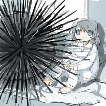 1girl :| aqua_eyes bedroom closed_mouth darkness grey_hair highres knees_to_chest medium_hair original own_hands_together pajamas sitting tsukumizu what white_pajamas window