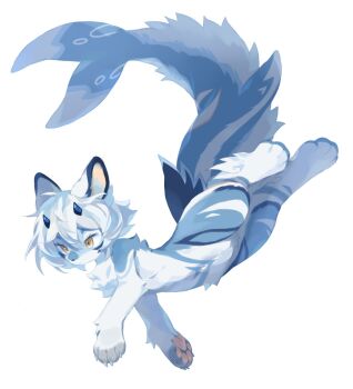 1other androgynous animal_ears animal_feet animal_hands animal_nose blue_fur claws commentary digitigrade fins fish_tail furry highres horns neku_boo original other_focus pawpads short_hair simple_background snout solo swimming symbol-only_commentary tail white_background white_fur white_hair yellow_eyes