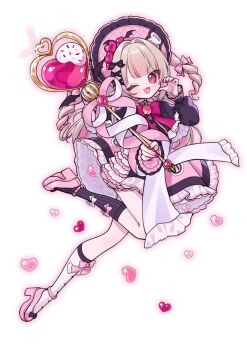 Rule 34 | 1girl, :3, ankle strap, asymmetrical legwear, black bow, black capelet, black ribbon, black sleeves, black socks, blunt bangs, blush, bonnet, bow, bow legwear, brooch, buttons, capelet, chinstrap, colored inner hair, dress, drill hair, fang, footwear bow, frilled bonnet, frilled capelet, frilled dress, frilled sleeves, frills, full body, grey hair, hair intakes, hair ornament, hair ribbon, half-heart hands, heart, heart background, heart brooch, heart wand, highres, holding, holding wand, jewelry, knee up, long hair, long sleeves, looking at viewer, magical girl, makaino ririmu, mismatched legwear, multicolored hair, neck ribbon, nijisanji, official alternate costume, official alternate hairstyle, open mouth, petticoat, pink bow, pink dress, pink hair, pink ribbon, pink shoes, pink streaks, platform shoes, pointy ears, puffy long sleeves, puffy sleeves, red eyes, red ribbon, ribbon, shoes, sidelocks, simple background, smile, socks, solo, sparkle, standing, standing on one leg, star-shaped pupils, star (symbol), streaked hair, symbol-shaped pupils, two-tone hair, two side up, v-shaped eyebrows, virtual youtuber, wand, white background, white bow, white ribbon, white socks, winged heart, winged wand, x hair ornament, yuragikasuka