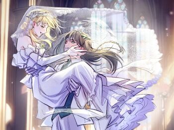 2girls bang_dream! bang_dream!_it's_mygo!!!!! black_hair blonde_hair blue_necktie blue_vest bridal_gauntlets bridal_veil carrying carrying_person chinese_commentary commentary_request detached_sleeves dress floating_hair gloves green_eyes hand_on_another's_cheek hand_on_another's_face hero45439083942 highres indoors jacket jewelry long_hair multiple_girls necktie original ring strapless strapless_dress togawa_hazuki veil vest wedding_dress wedding_ring white_dress white_gloves white_jacket wife_and_wife yahata_riko yellow_eyes yuri