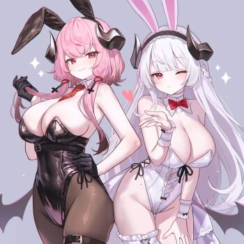 2girls adelie_cat animal_ear_hairband animal_ears bare_shoulders belt bernina_(stella_sora) black_gloves black_leotard bow bowtie breasts brown_pantyhose cleavage closed_mouth commentary covered_navel cross_hair_ornament demon_girl demon_horns demon_wings detached_collar fake_animal_ears floating_hair frilled_thigh_strap gloves grey_background hair_ornament hairband half_gloves hand_on_own_hip hand_on_own_knee hand_up heart highres horns large_breasts leotard long_hair looking_at_viewer mole multiple_girls necktie one_eye_closed pantyhose pink_hair playboy_bunny rabbit_ears red_bow red_bowtie red_eyes red_necktie simple_background smile standing stella_sora thigh_belt thigh_strap very_long_hair virigia_(stella_sora) white_hair white_leotard white_wrist_cuffs wings wrist_cuffs