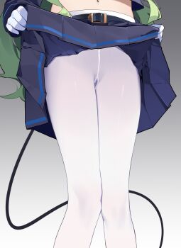 1girl belt black_belt black_tail blue_archive blue_jacket blue_skirt chinese_commentary clothes_lift commentary_request cropped_jacket crotch_seam gloves gradient_background green_hair grey_background highres hikari_(blue_archive) jacket lifting_own_clothes long_hair long_sleeves navel painterliuhao pantyhose skirt skirt_lift solo tail very_long_hair wavy_hair white_gloves white_pantyhose