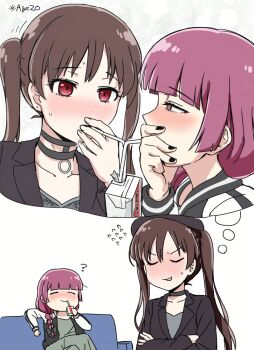2girls ? alcohol_carton bendy_straw beret black_choker black_hat black_jacket black_lagoon black_nails blunt_bangs blush bocchi_the_rock! bow braid brown_hair choker closed_mouth collarbone couch crossed_legs dress drinking drinking_straw drinking_straw_in_mouth eye_contact fingernails flying_sweatdrops green_bow green_dress hair_bow hair_over_shoulder hat hiroi_kikuri holding_carton imagining jacket long_hair long_sleeves looking_at_another low-braided_long_hair low-tied_long_hair motion_lines multicolored_jacket multiple_girls nail_polish nose_blush on_couch ootsuki_yoyoko open_clothes open_jacket open_mouth pink_eyes pink_hair red_eyes shared_drink sitting smile speech_bubble sweat thought_bubble torako_(toramaru) twintails two-tone_jacket white_jacket