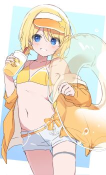 1girl bikini blonde_hair blue_eyes blush commentary_request cup disposable_cup drinking_glass drinking_straw flat_chest grin hat highres holding holding_cup innertube jacket looking_at_viewer mochigome_(ununquadium) navel orange_bikini orange_hat orange_jacket original short_hair short_shorts shorts smile solo swim_ring swimsuit thigh_strap visor_cap white_shorts yellow_bikini