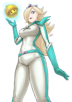 Rule 34 | 1girl, alternate breast size (larger), artist name, belt, biker clothes, biker rosalina, bikesuit, blonde hair, blue belt, blue eyes, blue gloves, blue scarf, bodysuit, bokkori, breasts, commentary request, covered navel, crown, earrings, elbow gloves, feet out of frame, gloves, golden mushroom, hair over one eye, hand up, jewelry, large breasts, legs apart, long hair, mario (series), mario kart, mushroom, nintendo, pink lips, rosalina, scarf, silver crown, simple background, solo, standing, white background, white bodysuit