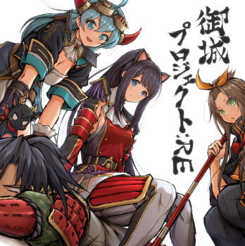 Rule 34 | 1boy, 3girls, :d, ahoge, animal ears, black hair, blonde hair, blue eyes, blue hair, breasts, cat ears, cleavage, copyright name, fake animal ears, goggles, goggles on head, green eyes, hair ribbon, highres, holding, holding polearm, holding weapon, itouei, konki (oshiro project), kunouzan (oshiro project), large breasts, long hair, lord (oshiro project), multiple girls, open mouth, oshiro project:re, oshiro project:re, polearm, ponytail, ribbon, sideboob, sidelocks, simple background, sitting, sitting on person, small breasts, smile, uwajima (oshiro project), weapon, white background, yellow ribbon